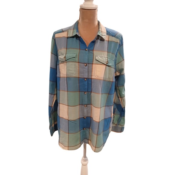 Toad&Co Tops - Toad&Co Womens XL Blue Teal Plaid Button Down Long Sleeve Shirt Flap Pockets